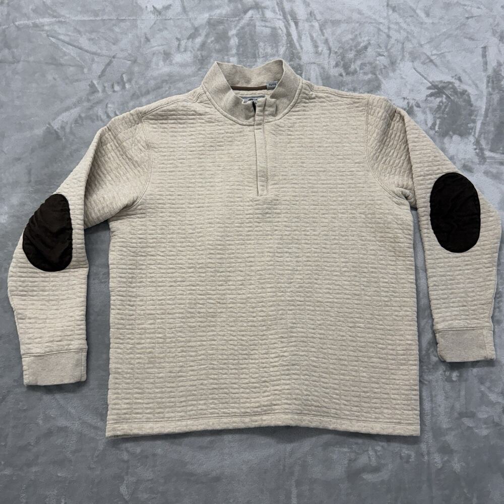 Bob Timberlake Men's XL Quilted Quarter Zip Pullover Sweater Elbow Patches Beige